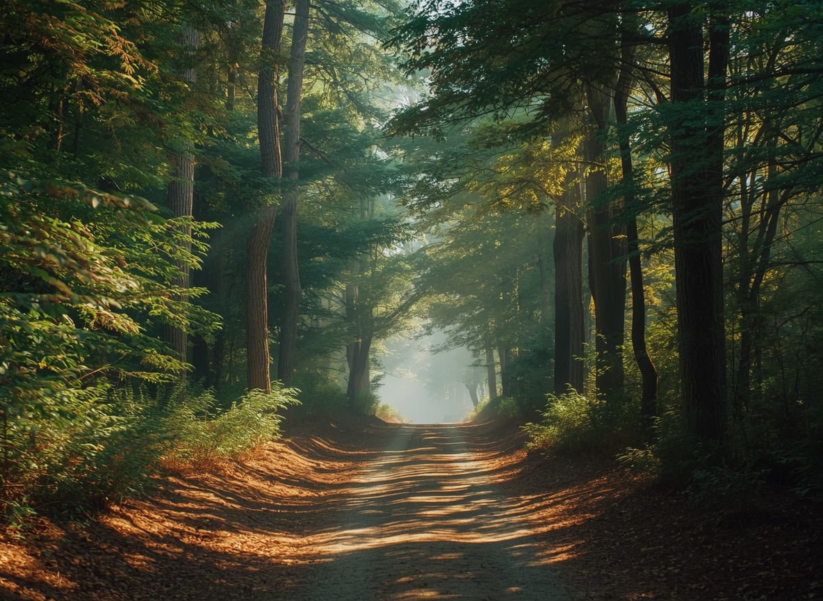 Forest path with gentle light filtering through trees